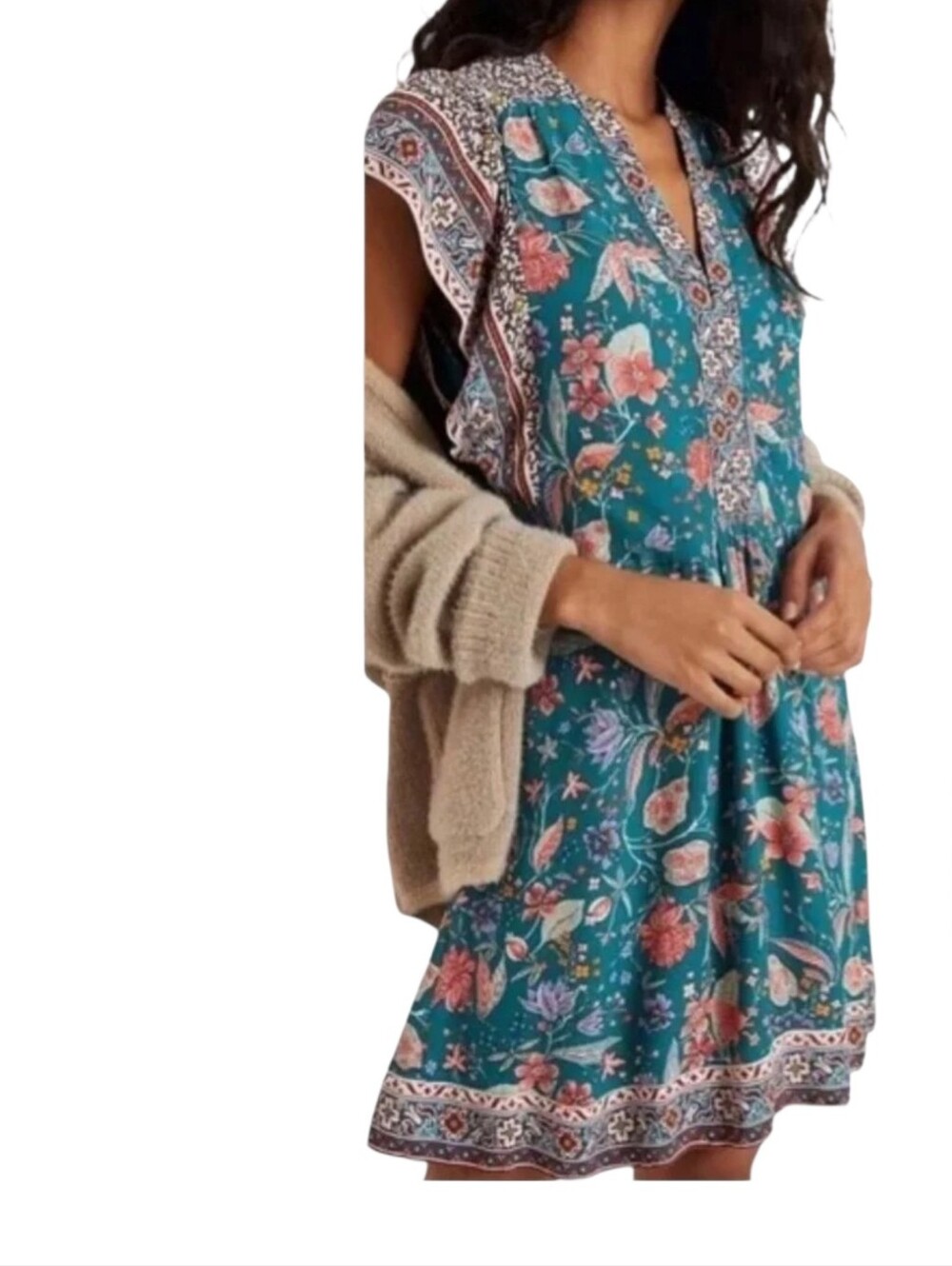 Anthropologie Zenia Mini Dress Floral Flutter Sleeve Green V Neck Boho Small